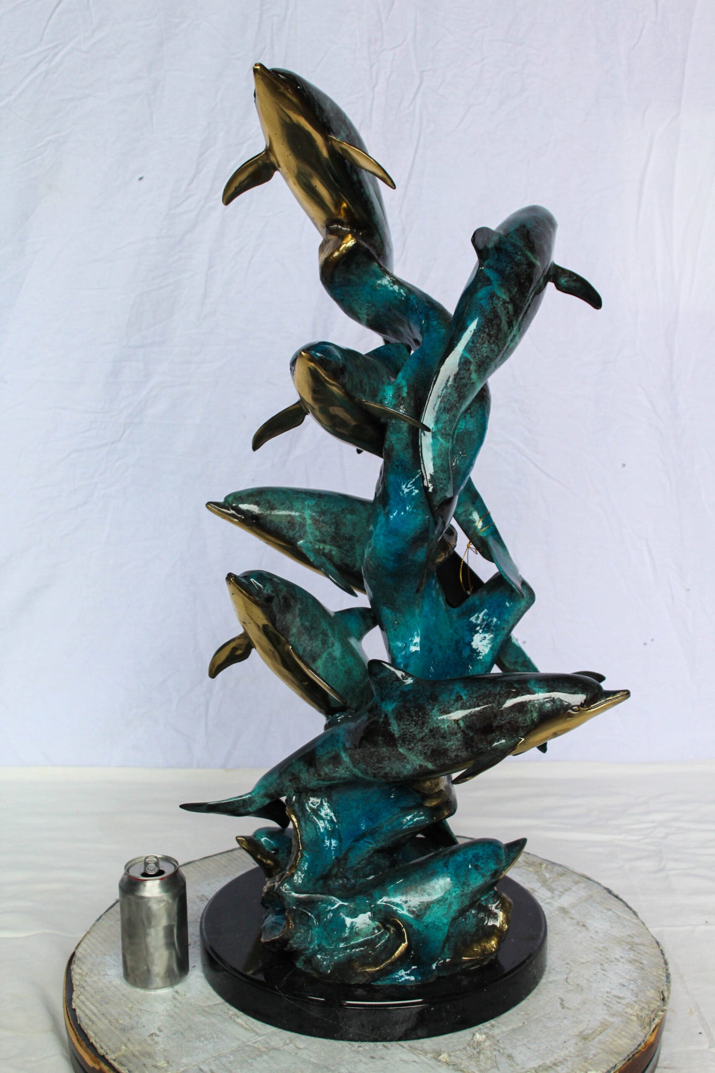 Nifao Bronze Dolphin Pod Sculpture – Spiral Formation of Dolphins with Blue-Green Patina & Polished Bronze Accents – Handcrafted Lost Wax Cast Marine Life Statue on Base 14" x 16" x 35"H