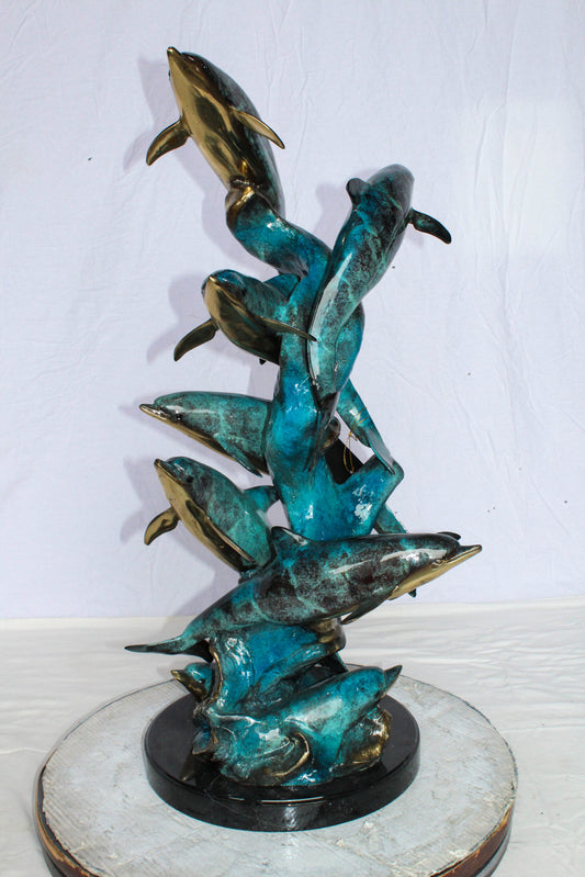 Nifao Bronze Dolphin Pod Sculpture – Spiral Formation of Dolphins with Blue-Green Patina & Polished Bronze Accents – Handcrafted Lost Wax Cast Marine Life Statue on Base 14" x 16" x 35"H