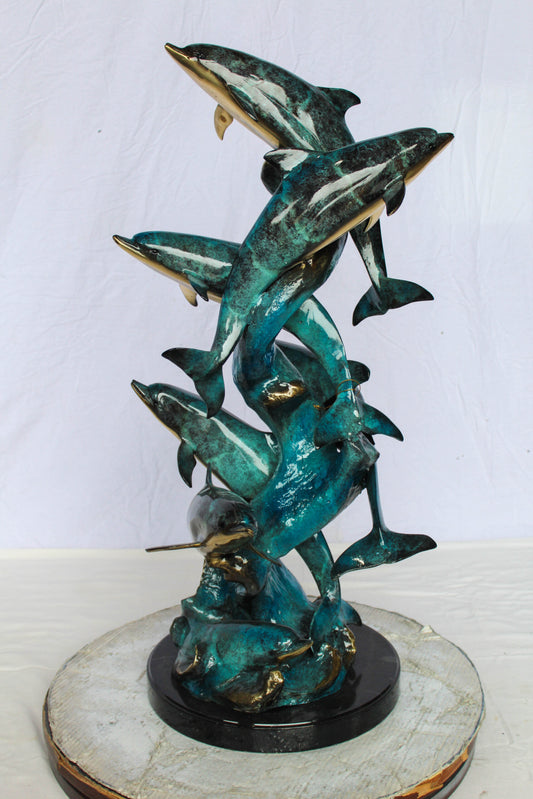 Nifao Bronze Dolphin Pod Sculpture – Spiral Formation of Dolphins with Blue-Green Patina & Polished Bronze Accents – Handcrafted Lost Wax Cast Marine Life Statue on Base 14" x 16" x 35"H