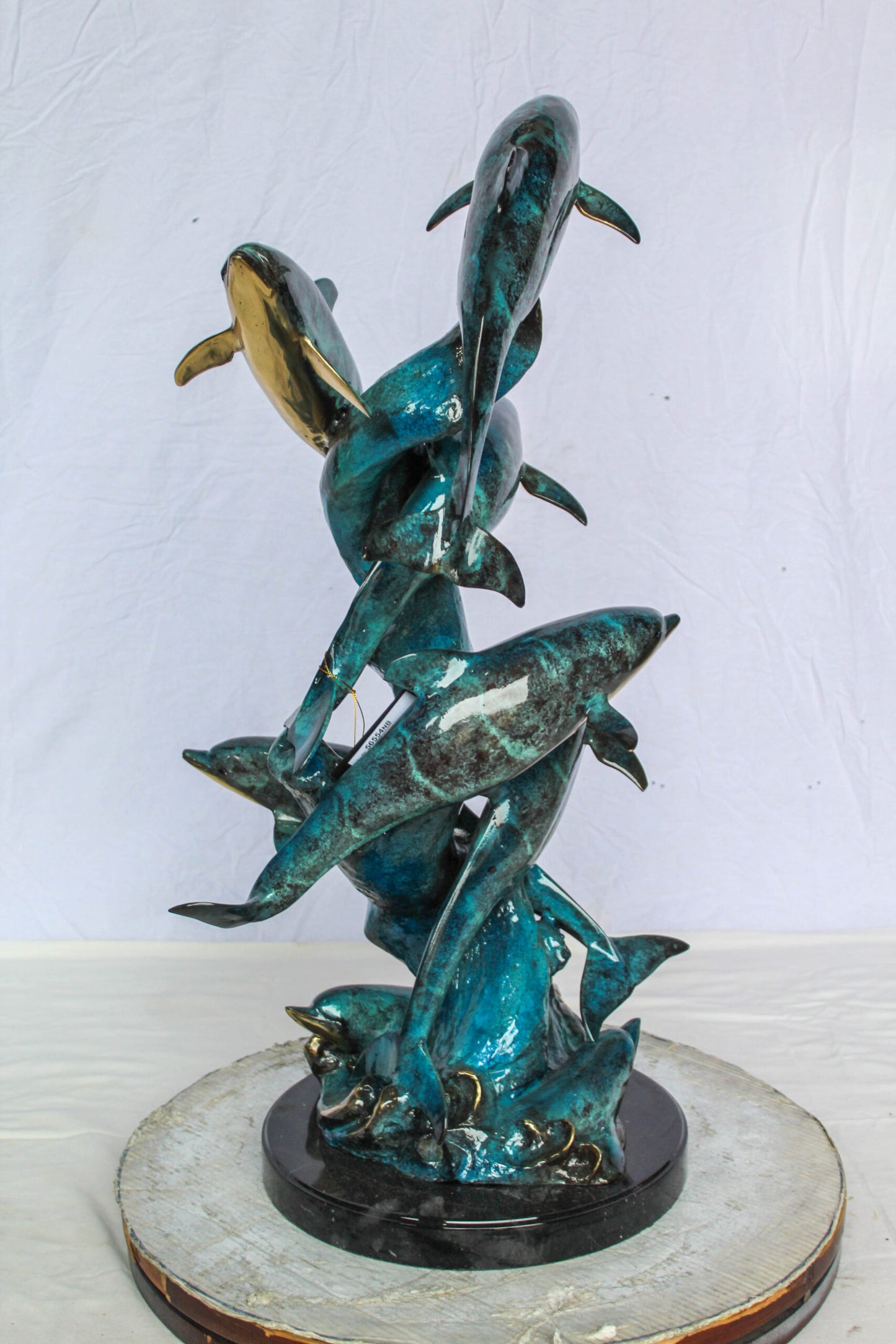 Nifao Bronze Dolphin Pod Sculpture – Spiral Formation of Dolphins with Blue-Green Patina & Polished Bronze Accents – Handcrafted Lost Wax Cast Marine Life Statue on Base 14" x 16" x 35"H
