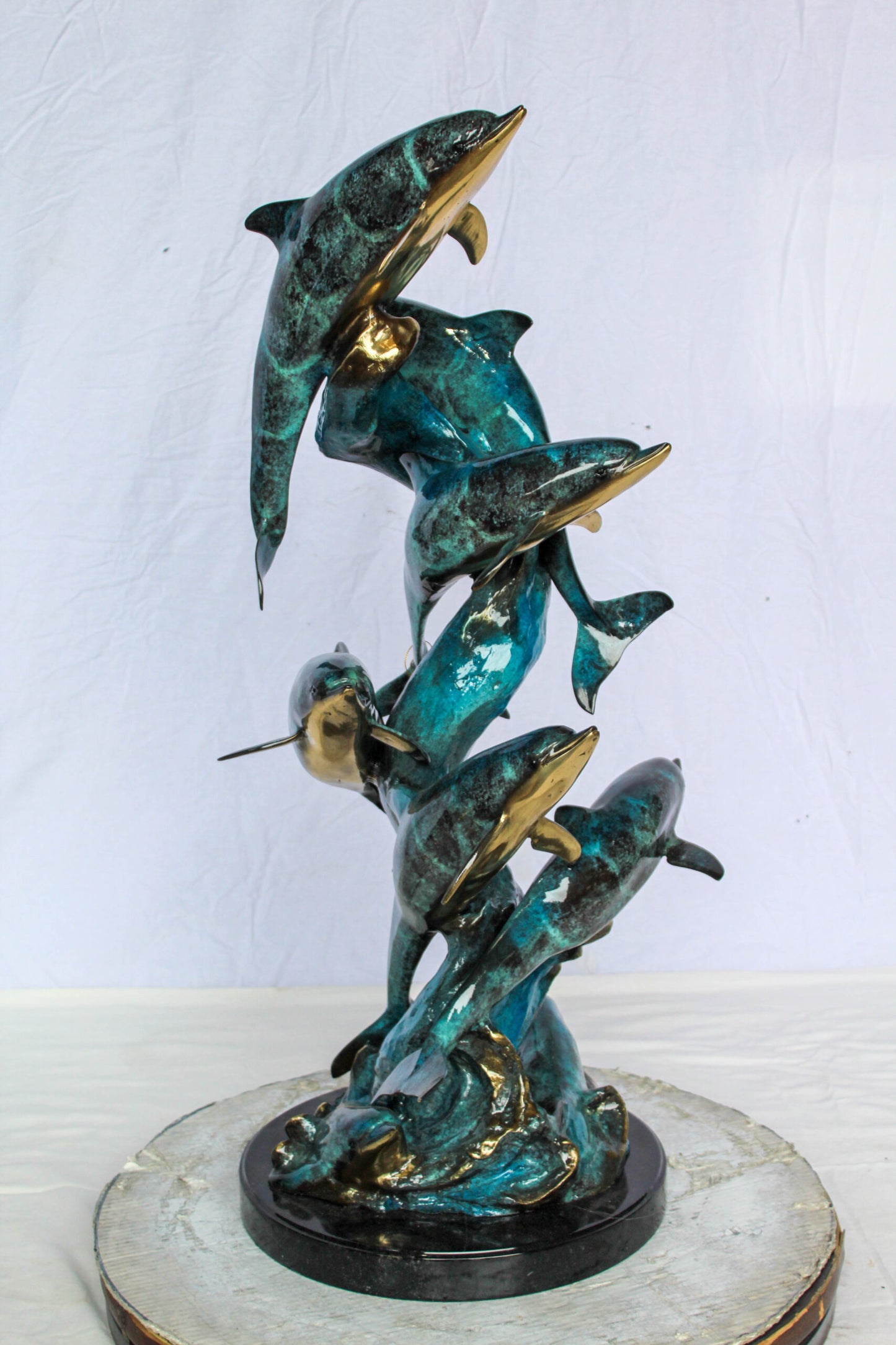 Nifao Bronze Dolphin Pod Sculpture – Spiral Formation of Dolphins with Blue-Green Patina & Polished Bronze Accents – Handcrafted Lost Wax Cast Marine Life Statue on Base 14" x 16" x 35"H