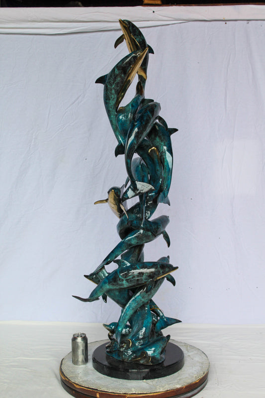 Nifao Dolphin Spiral Wave Bronze Statue – Majestic Coastal Sculpture with Handcrafted Detail for Home, Garden, or Patio Decor – 15" L x 17" W x 55" H