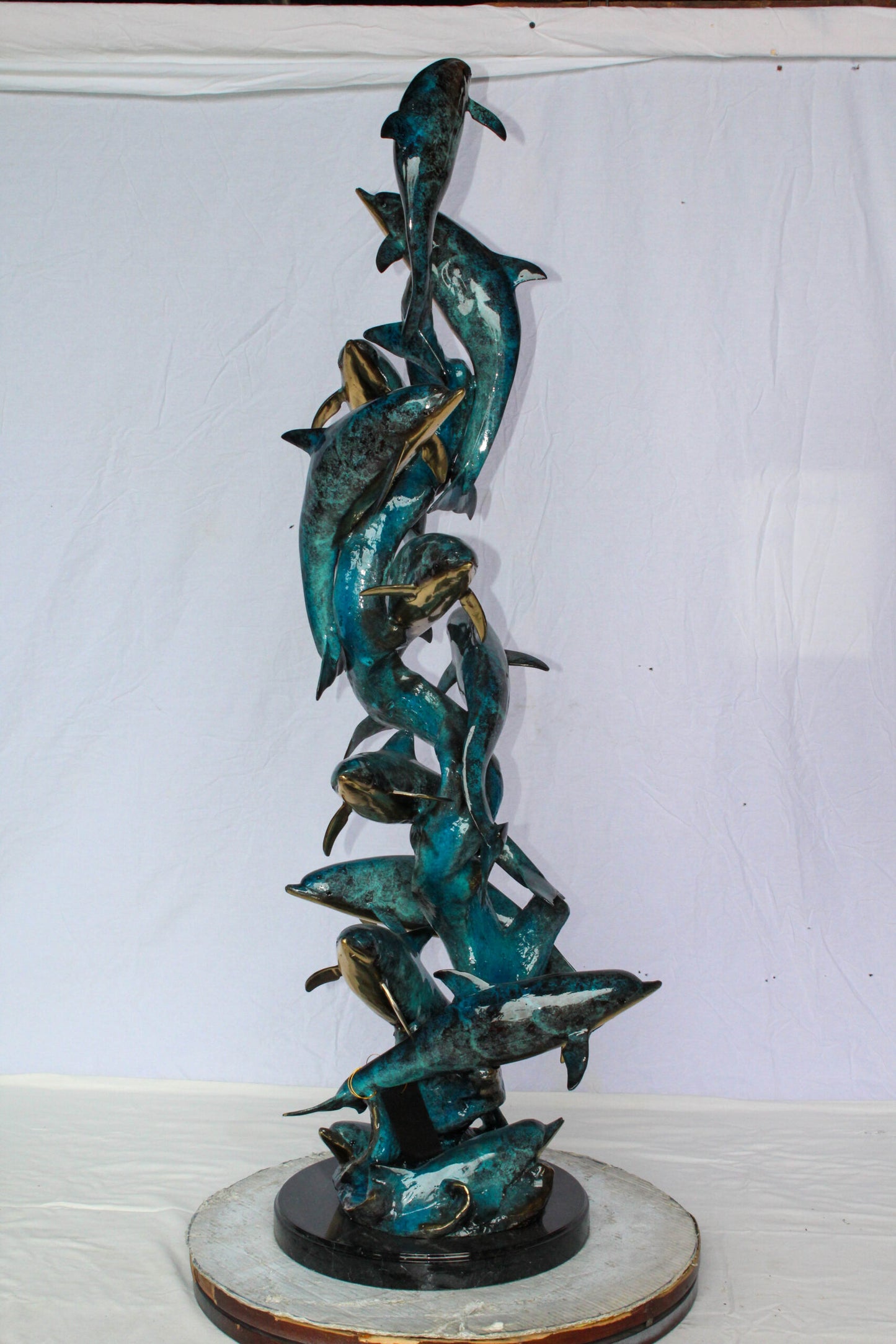 Nifao Dolphin Spiral Wave Bronze Statue – Majestic Coastal Sculpture with Handcrafted Detail for Home, Garden, or Patio Decor – 15" L x 17" W x 55" H