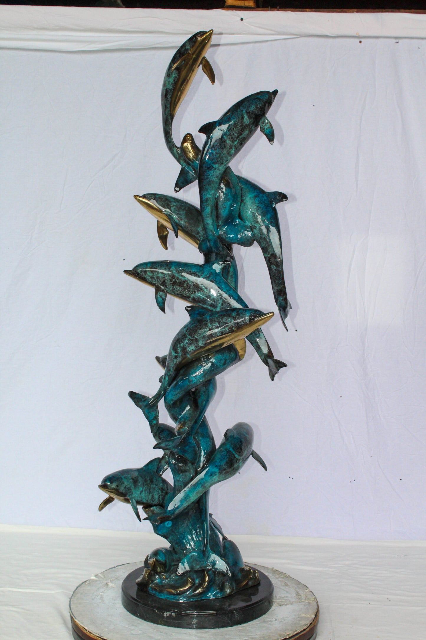 Nifao Dolphin Spiral Wave Bronze Statue – Majestic Coastal Sculpture with Handcrafted Detail for Home, Garden, or Patio Decor – 15" L x 17" W x 55" H