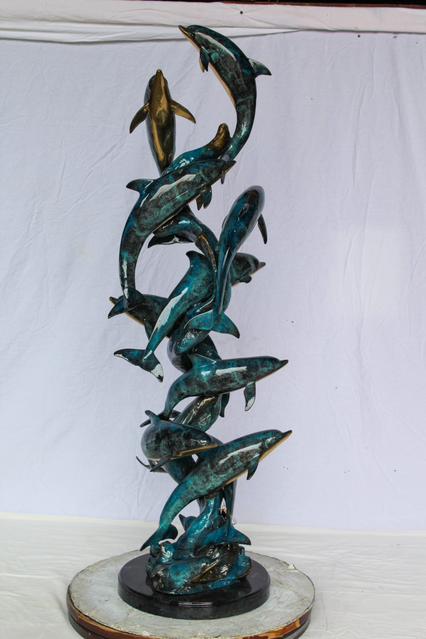 Nifao Dolphin Spiral Wave Bronze Statue – Majestic Coastal Sculpture with Handcrafted Detail for Home, Garden, or Patio Decor – 15" L x 17" W x 55" H