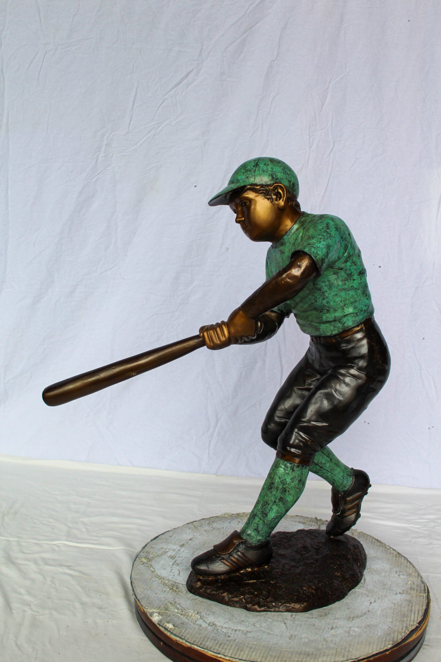 Nifao Bronze Baseball Boy Statue – Young Athlete Mid-Swing Sculpture with Green & Brown Patina – Lost Wax Cast Bronze Sports Artwork for Garden, Park, or Home Decor 27" x 12" x 24"H