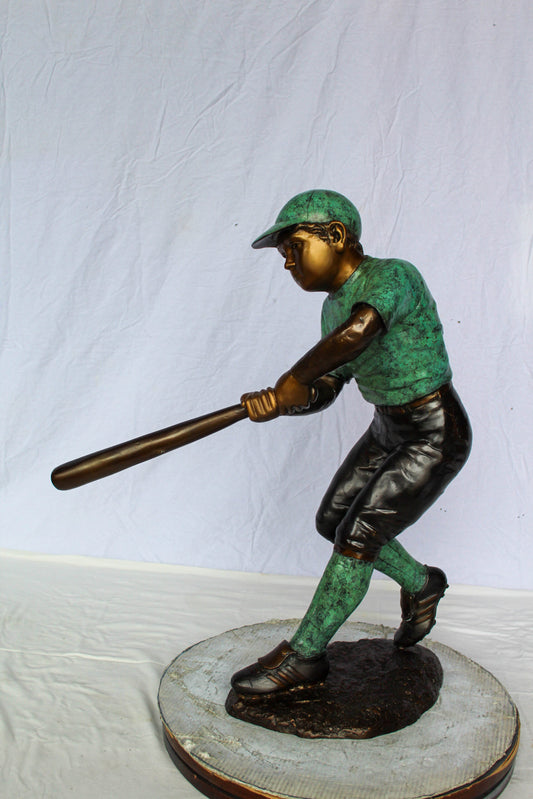 Nifao Bronze Baseball Boy Statue – Young Athlete Mid-Swing Sculpture with Green & Brown Patina – Lost Wax Cast Bronze Sports Artwork for Garden, Park, or Home Decor 27" x 12" x 24"H