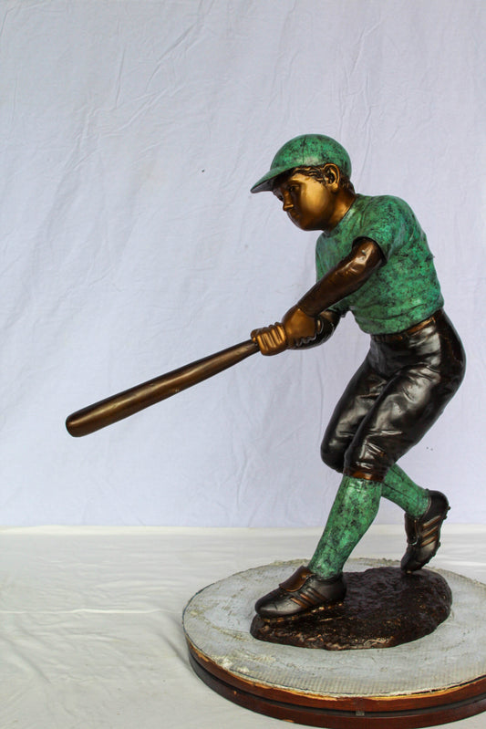 Nifao Bronze Baseball Boy Statue – Young Athlete Mid-Swing Sculpture with Green & Brown Patina – Lost Wax Cast Bronze Sports Artwork for Garden, Park, or Home Decor 27" x 12" x 24"H
