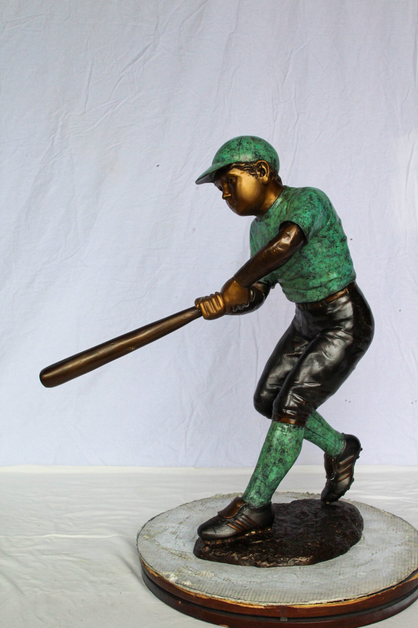 Nifao Bronze Baseball Boy Statue – Young Athlete Mid-Swing Sculpture with Green & Brown Patina – Lost Wax Cast Bronze Sports Artwork for Garden, Park, or Home Decor 27" x 12" x 24"H