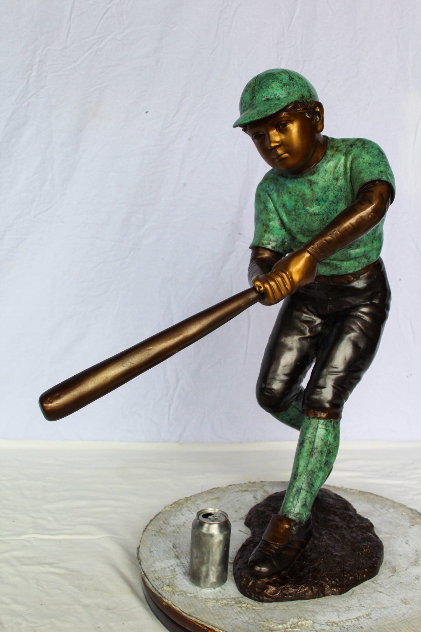 Nifao Bronze Baseball Boy Statue – Young Athlete Mid-Swing Sculpture with Green & Brown Patina – Lost Wax Cast Bronze Sports Artwork for Garden, Park, or Home Decor 27" x 12" x 24"H