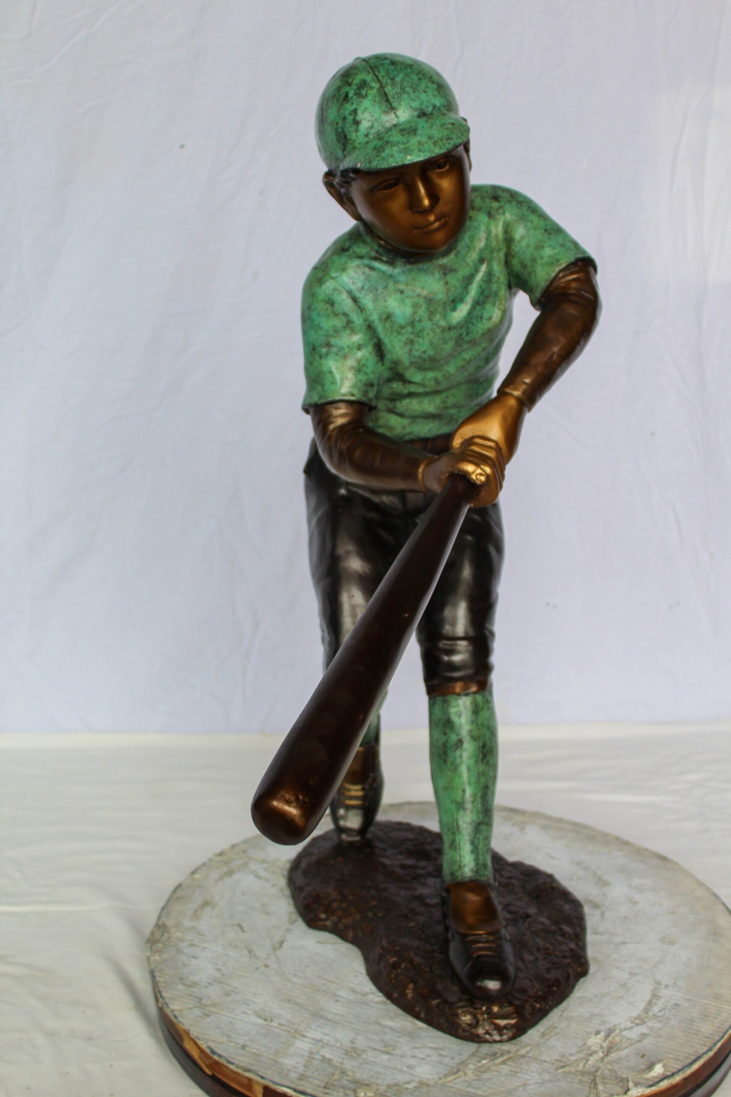 Nifao Bronze Baseball Boy Statue – Young Athlete Mid-Swing Sculpture with Green & Brown Patina – Lost Wax Cast Bronze Sports Artwork for Garden, Park, or Home Decor 27" x 12" x 24"H