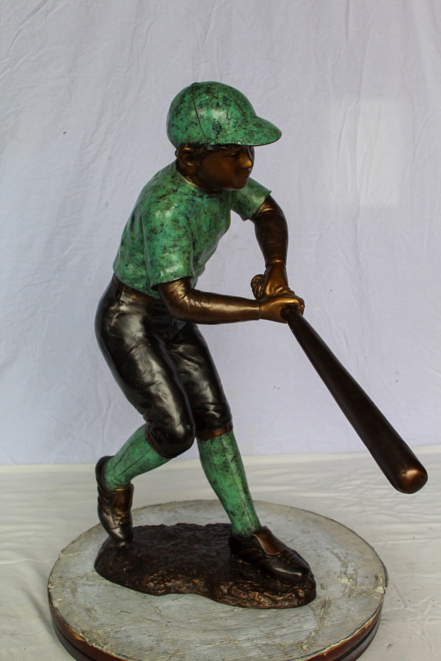 Nifao Bronze Baseball Boy Statue – Young Athlete Mid-Swing Sculpture with Green & Brown Patina – Lost Wax Cast Bronze Sports Artwork for Garden, Park, or Home Decor 27" x 12" x 24"H