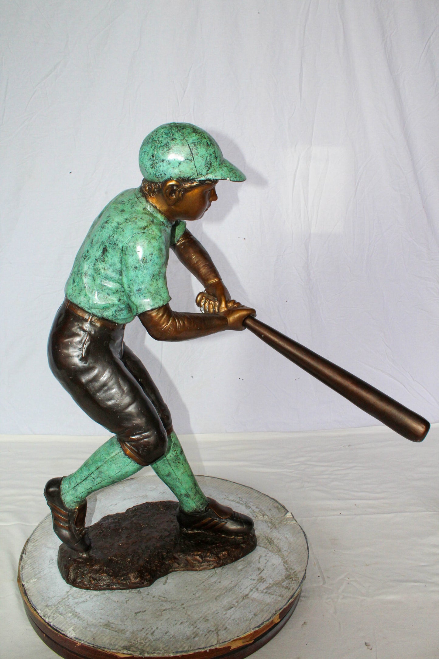 Nifao Bronze Baseball Boy Statue – Young Athlete Mid-Swing Sculpture with Green & Brown Patina – Lost Wax Cast Bronze Sports Artwork for Garden, Park, or Home Decor 27" x 12" x 24"H