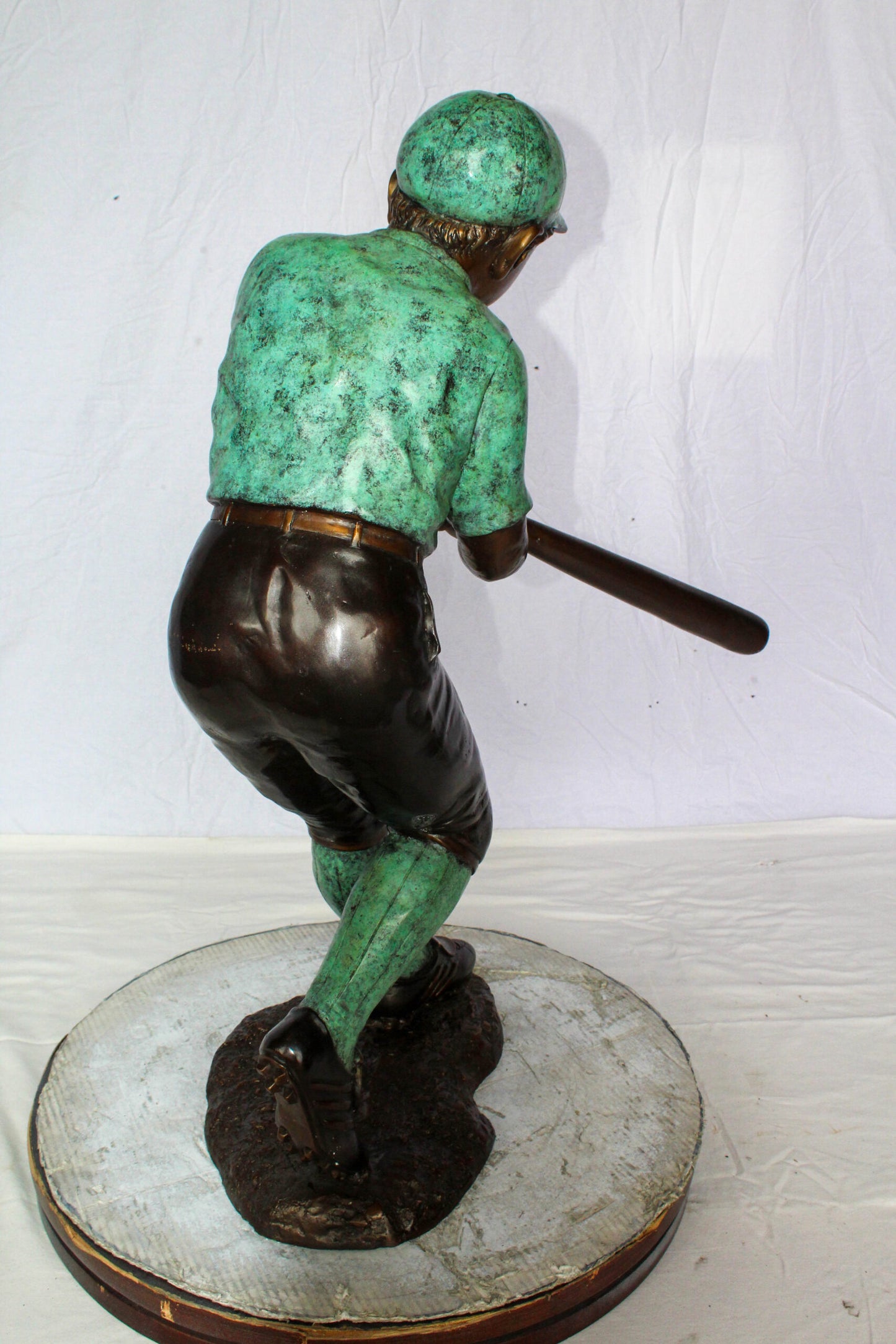 Nifao Bronze Baseball Boy Statue – Young Athlete Mid-Swing Sculpture with Green & Brown Patina – Lost Wax Cast Bronze Sports Artwork for Garden, Park, or Home Decor 27" x 12" x 24"H