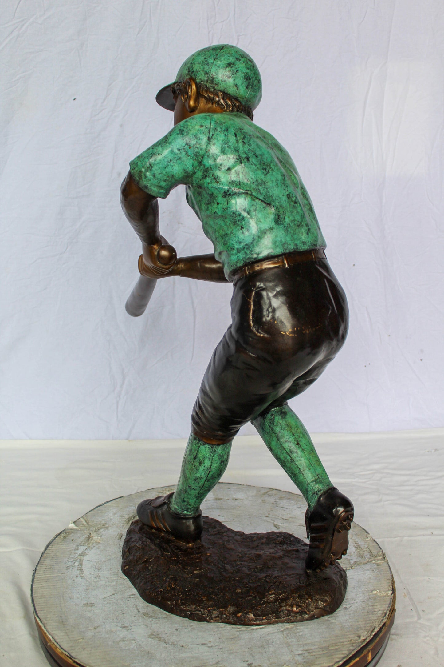 Nifao Bronze Baseball Boy Statue – Young Athlete Mid-Swing Sculpture with Green & Brown Patina – Lost Wax Cast Bronze Sports Artwork for Garden, Park, or Home Decor 27" x 12" x 24"H