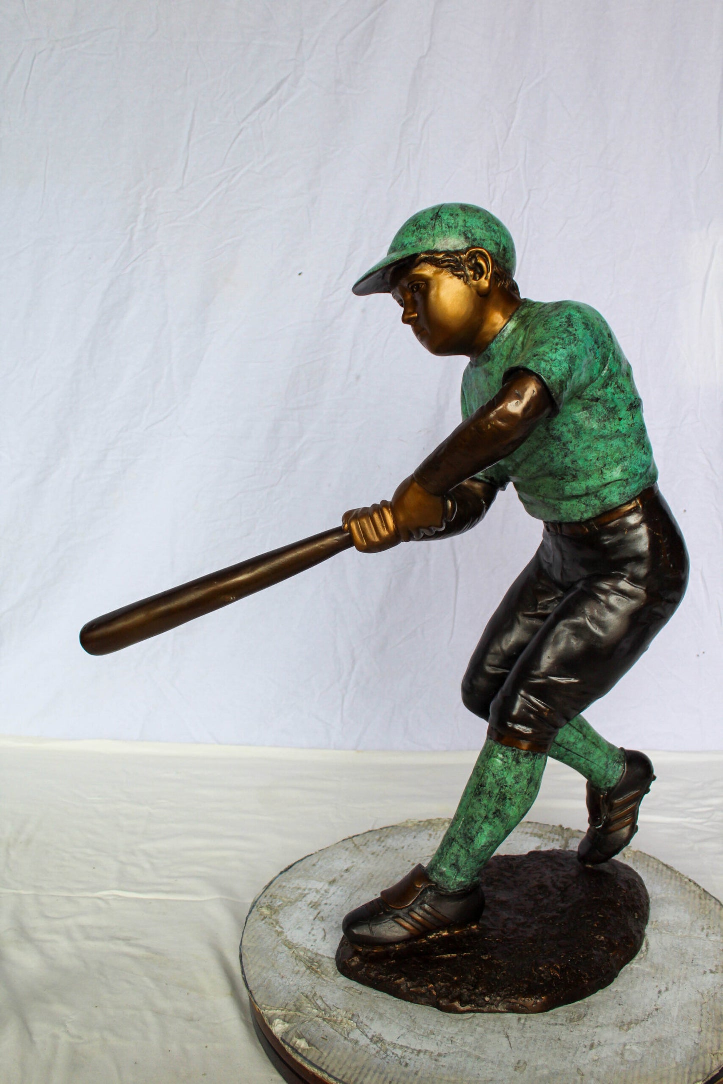 Nifao Bronze Baseball Boy Statue – Young Athlete Mid-Swing Sculpture with Green & Brown Patina – Lost Wax Cast Bronze Sports Artwork for Garden, Park, or Home Decor 27" x 12" x 24"H