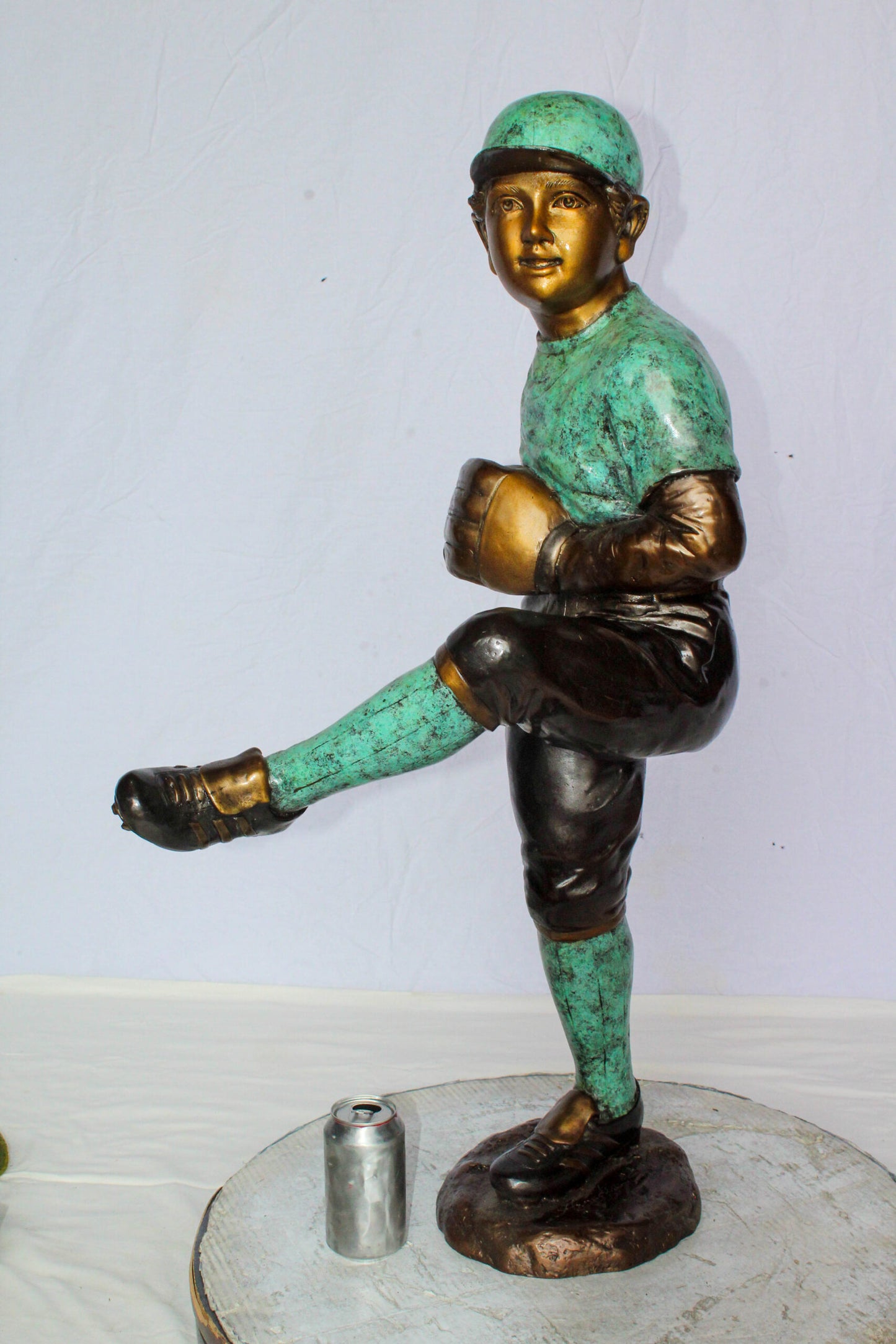 Nifao Bronze Baseball Pitcher Statue – Young Athlete Mid Throw with Green & Brown Patina Finish – Sports Decor & Gift – Handcrafted Lost Wax Casting- 21" x 12" x 37"H
