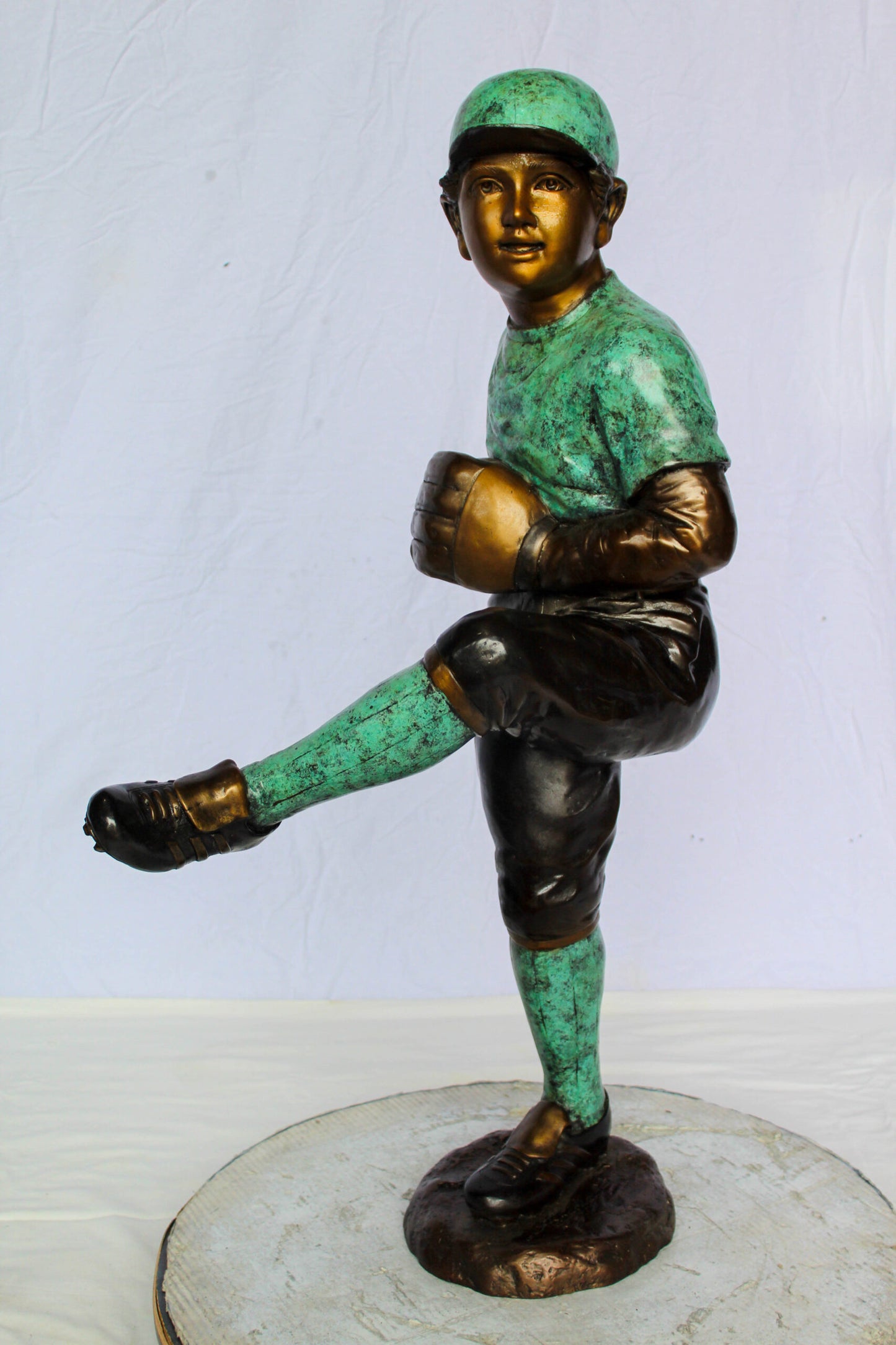 Nifao Bronze Baseball Pitcher Statue – Young Athlete Mid Throw with Green & Brown Patina Finish – Sports Decor & Gift – Handcrafted Lost Wax Casting- 21" x 12" x 37"H