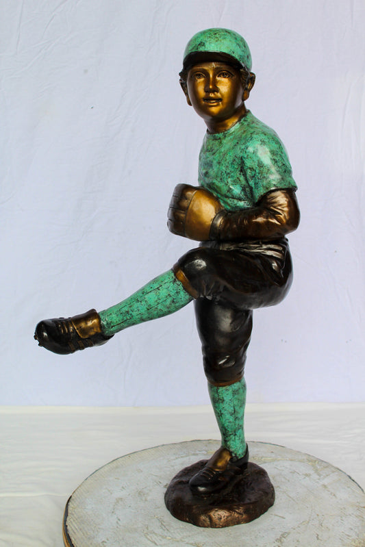 Nifao Bronze Baseball Pitcher Statue – Young Athlete Mid Throw with Green & Brown Patina Finish – Sports Decor & Gift – Handcrafted Lost Wax Casting- 21" x 12" x 37"H