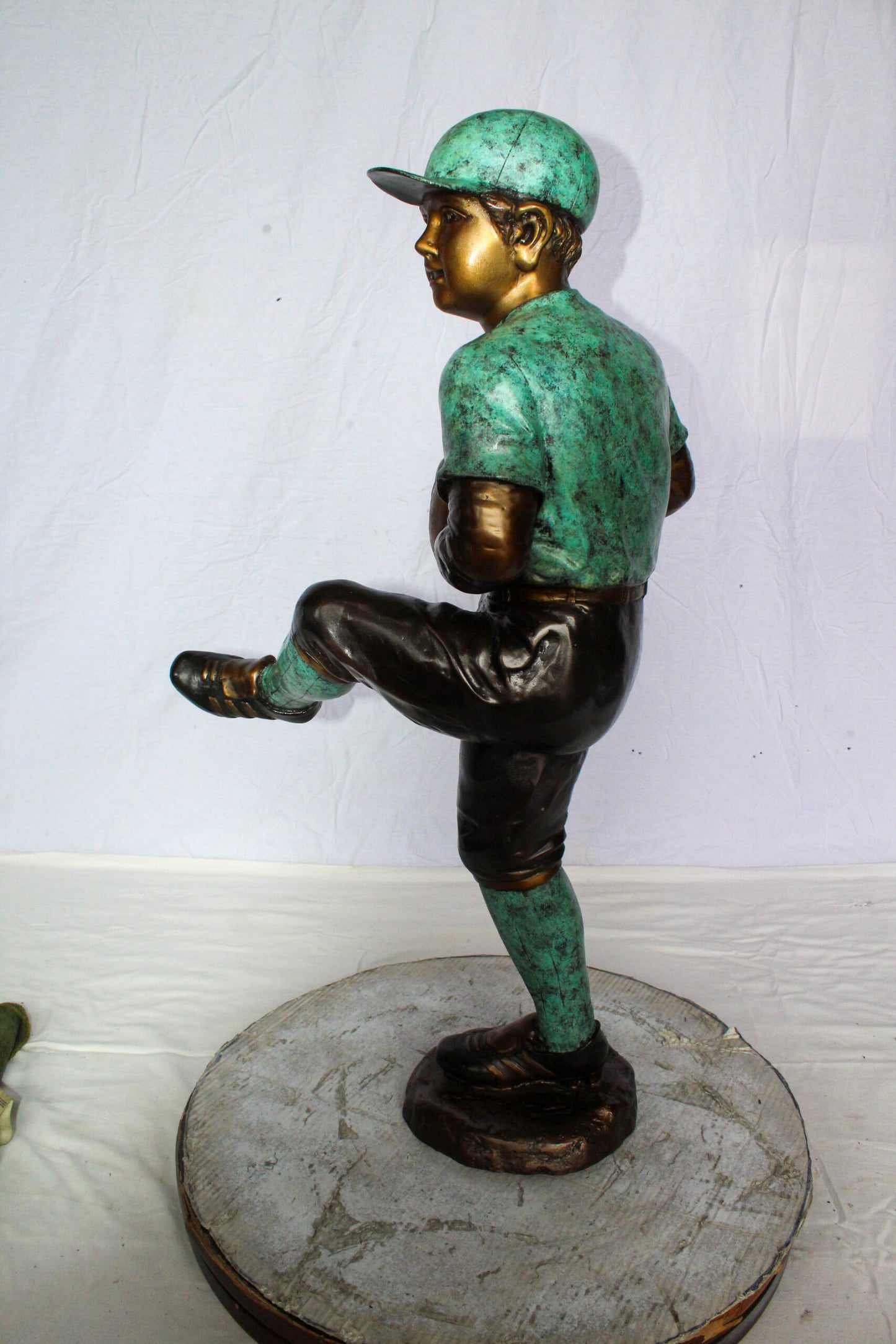 Nifao Bronze Baseball Pitcher Statue – Young Athlete Mid Throw with Green & Brown Patina Finish – Sports Decor & Gift – Handcrafted Lost Wax Casting- 21" x 12" x 37"H