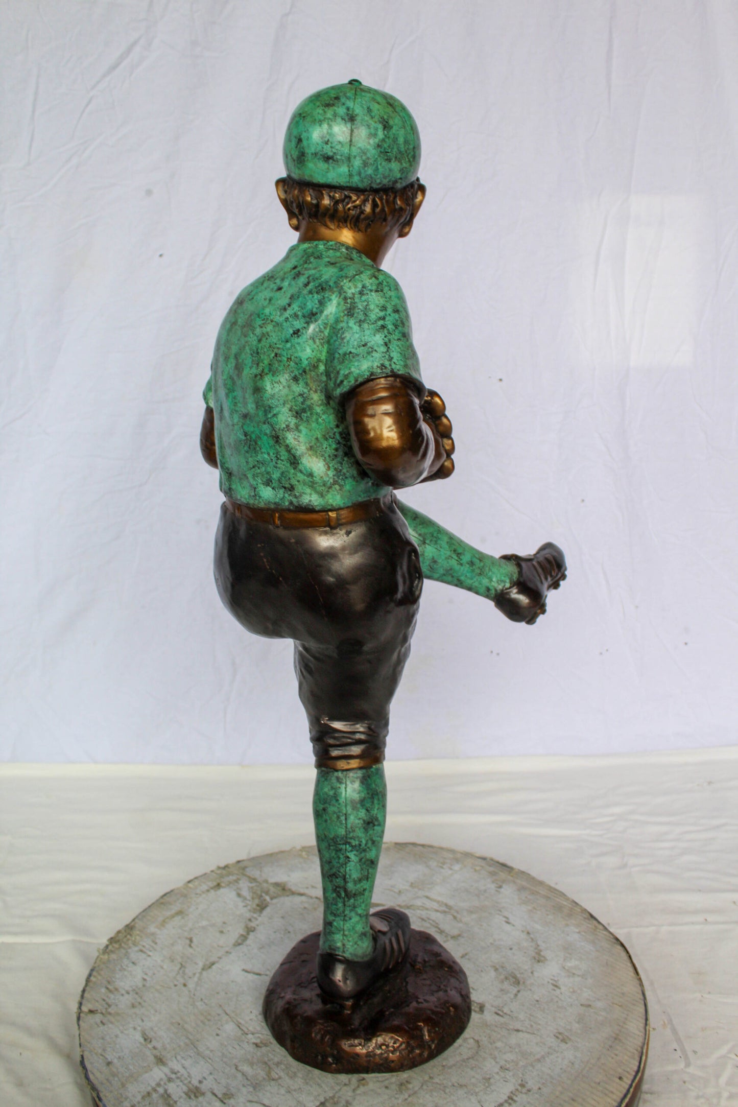 Nifao Bronze Baseball Pitcher Statue – Young Athlete Mid Throw with Green & Brown Patina Finish – Sports Decor & Gift – Handcrafted Lost Wax Casting- 21" x 12" x 37"H