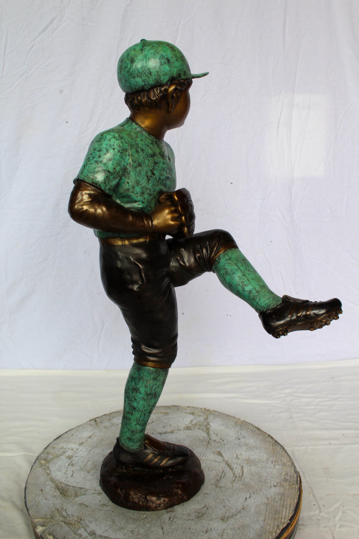 Nifao Bronze Baseball Pitcher Statue – Young Athlete Mid Throw with Green & Brown Patina Finish – Sports Decor & Gift – Handcrafted Lost Wax Casting- 21" x 12" x 37"H