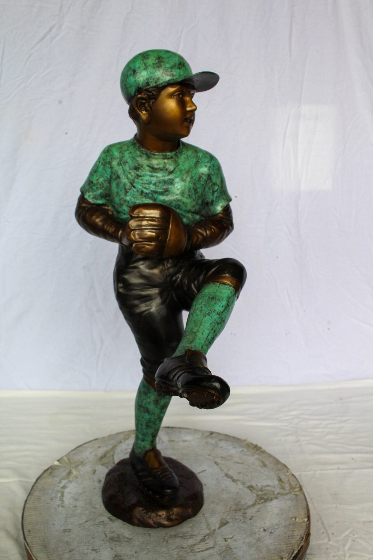 Nifao Bronze Baseball Pitcher Statue – Young Athlete Mid Throw with Green & Brown Patina Finish – Sports Decor & Gift – Handcrafted Lost Wax Casting- 21" x 12" x 37"H