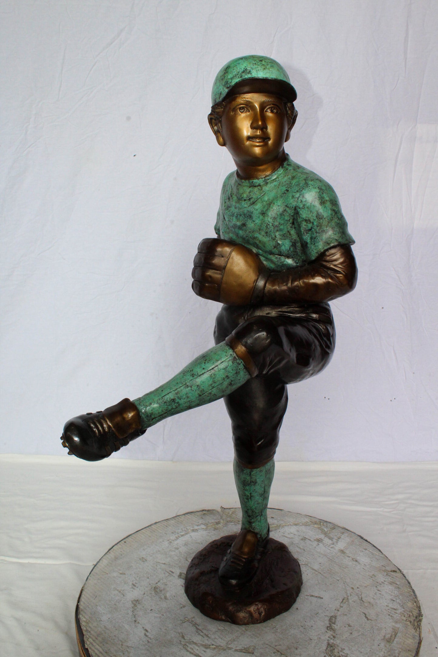 Nifao Bronze Baseball Pitcher Statue – Young Athlete Mid Throw with Green & Brown Patina Finish – Sports Decor & Gift – Handcrafted Lost Wax Casting- 21" x 12" x 37"H