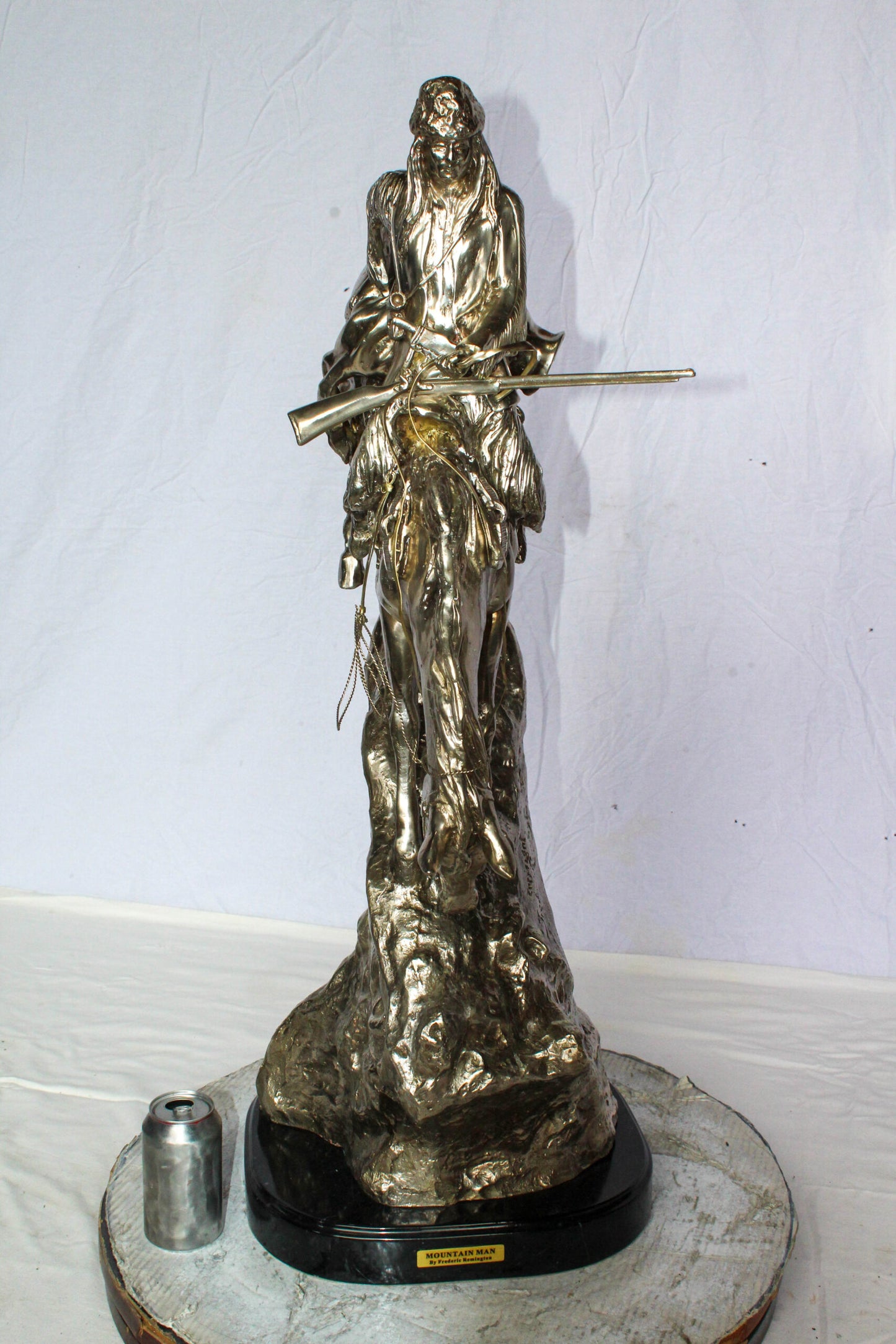 Nifao Jumbo Bronze Mountain Man on Horseback Remington Replica - Silver Patina Western Statue with Black Marble Base, Size: 24"L x 14"W x 36"H