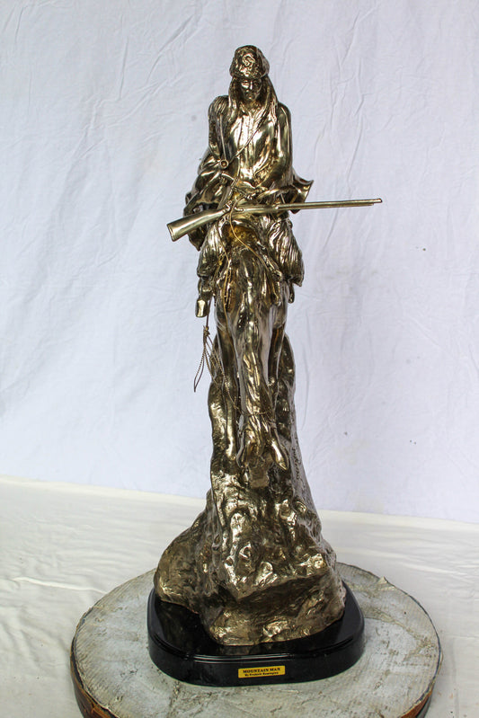 Nifao Jumbo Bronze Mountain Man on Horseback Remington Replica - Silver Patina Western Statue with Black Marble Base, Size: 24"L x 14"W x 36"H
