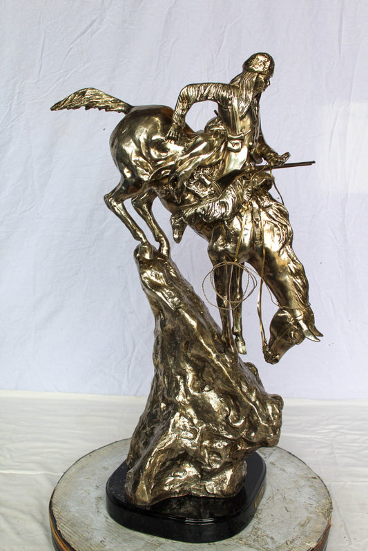 Nifao Jumbo Bronze Mountain Man on Horseback Remington Replica - Silver Patina Western Statue with Black Marble Base, Size: 24"L x 14"W x 36"H
