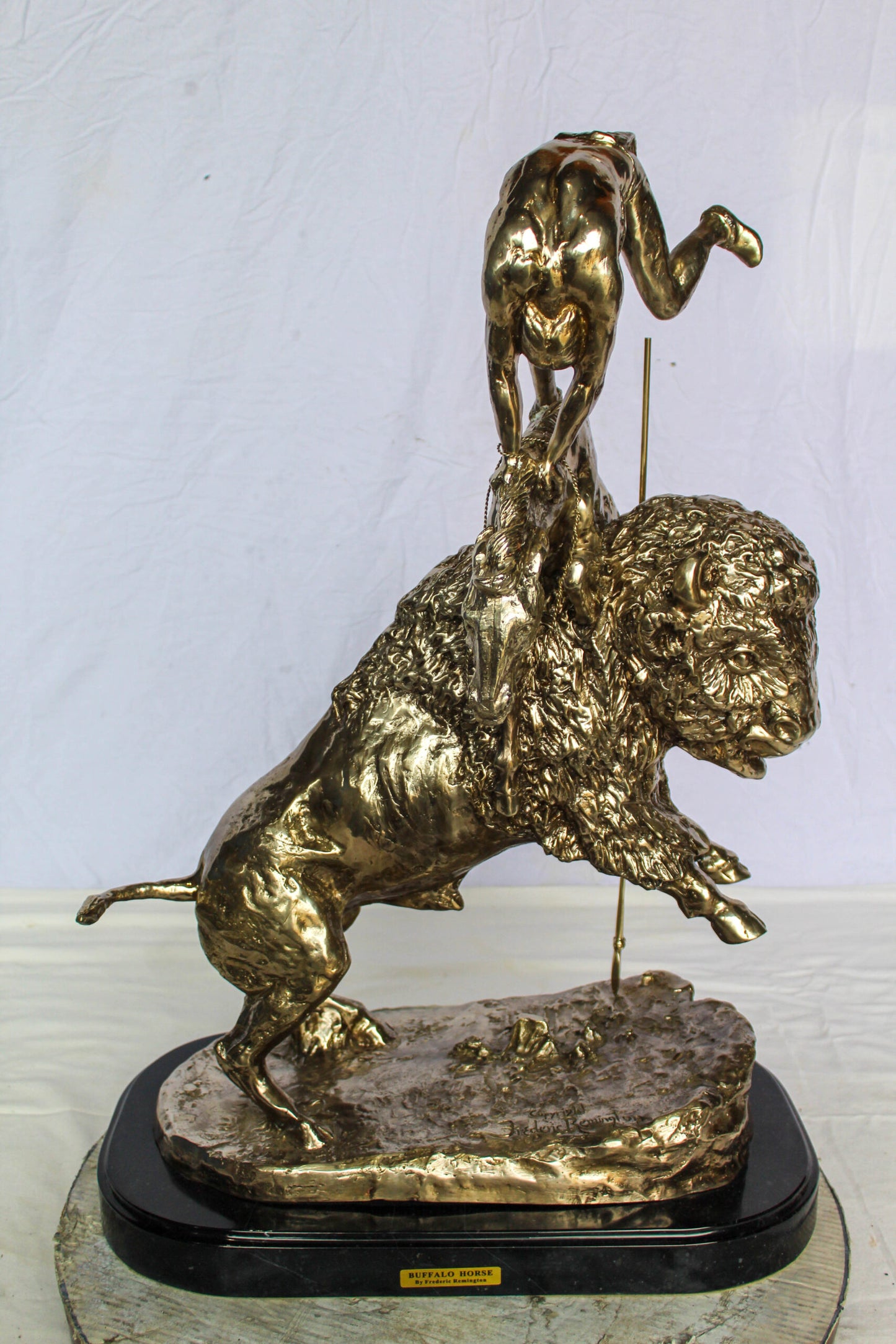 Nifao Jumbo Bronze Buffalo Horse Statue – Replica of Frederic Remington’s Iconic Sculpture – Native Rider with Charging Buffalo – Silver Patina Finish – Handcrafted Lost Wax Casting 22" x 12" x 32"H
