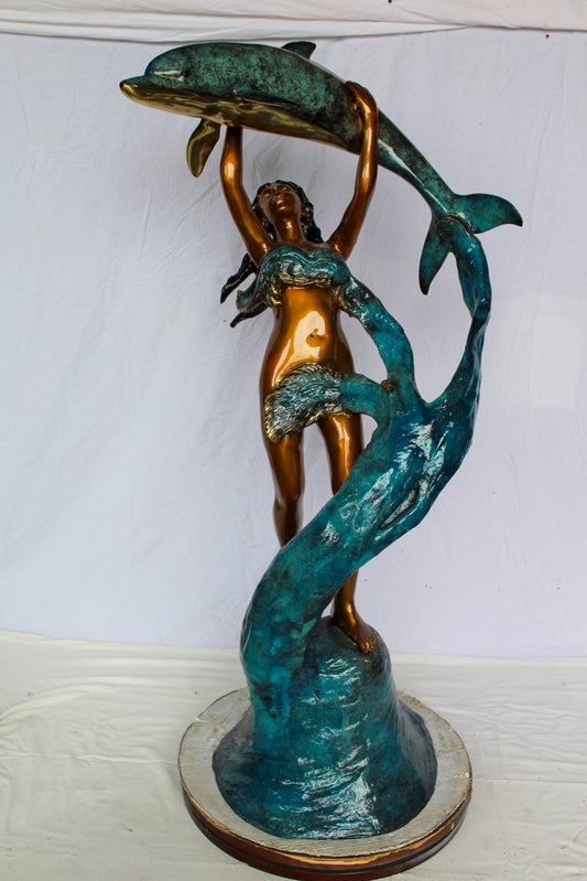 Nifao Bronze Mermaid Fountain Statue – Enchanting Mermaid Lifting Dolphin Sculpture with Flowing Water Feature – Handcrafted Lost Wax Casting with Multi-Tone Patina – Outdoor Garden 25" x 24" x 57"H