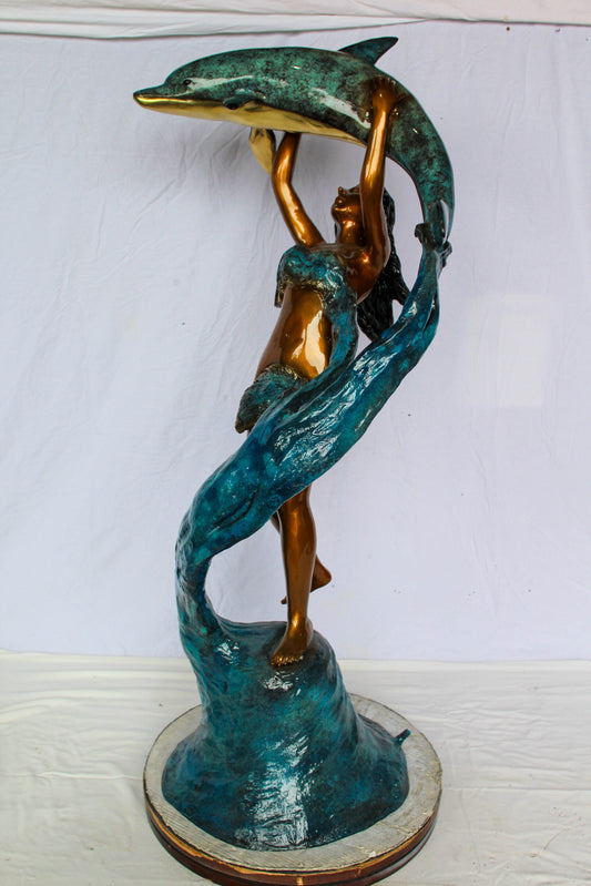 Nifao Bronze Mermaid Fountain Statue – Enchanting Mermaid Lifting Dolphin Sculpture with Flowing Water Feature – Handcrafted Lost Wax Casting with Multi-Tone Patina – Outdoor Garden 25" x 24" x 57"H