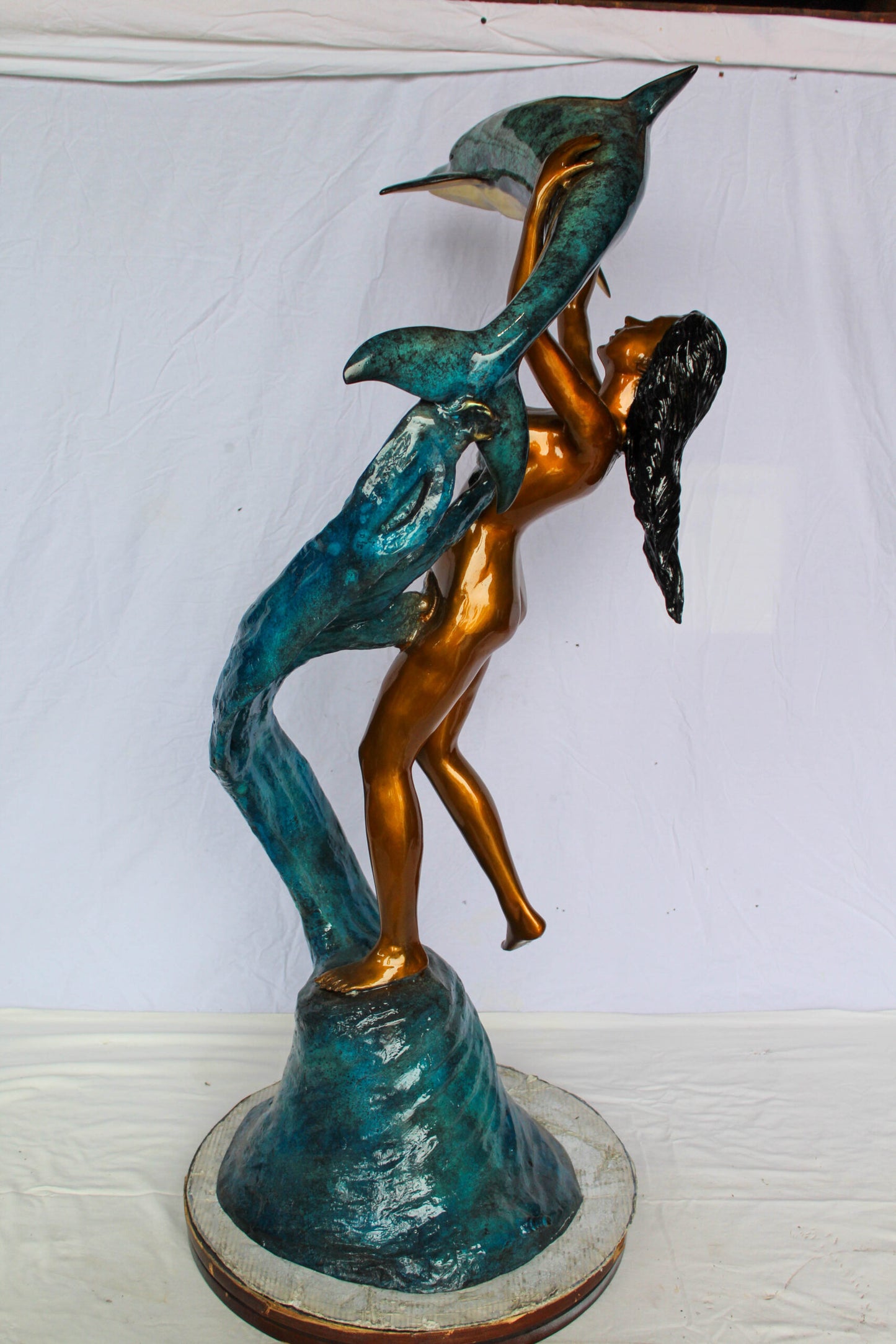 Nifao Bronze Mermaid Fountain Statue – Enchanting Mermaid Lifting Dolphin Sculpture with Flowing Water Feature – Handcrafted Lost Wax Casting with Multi-Tone Patina – Outdoor Garden 25" x 24" x 57"H