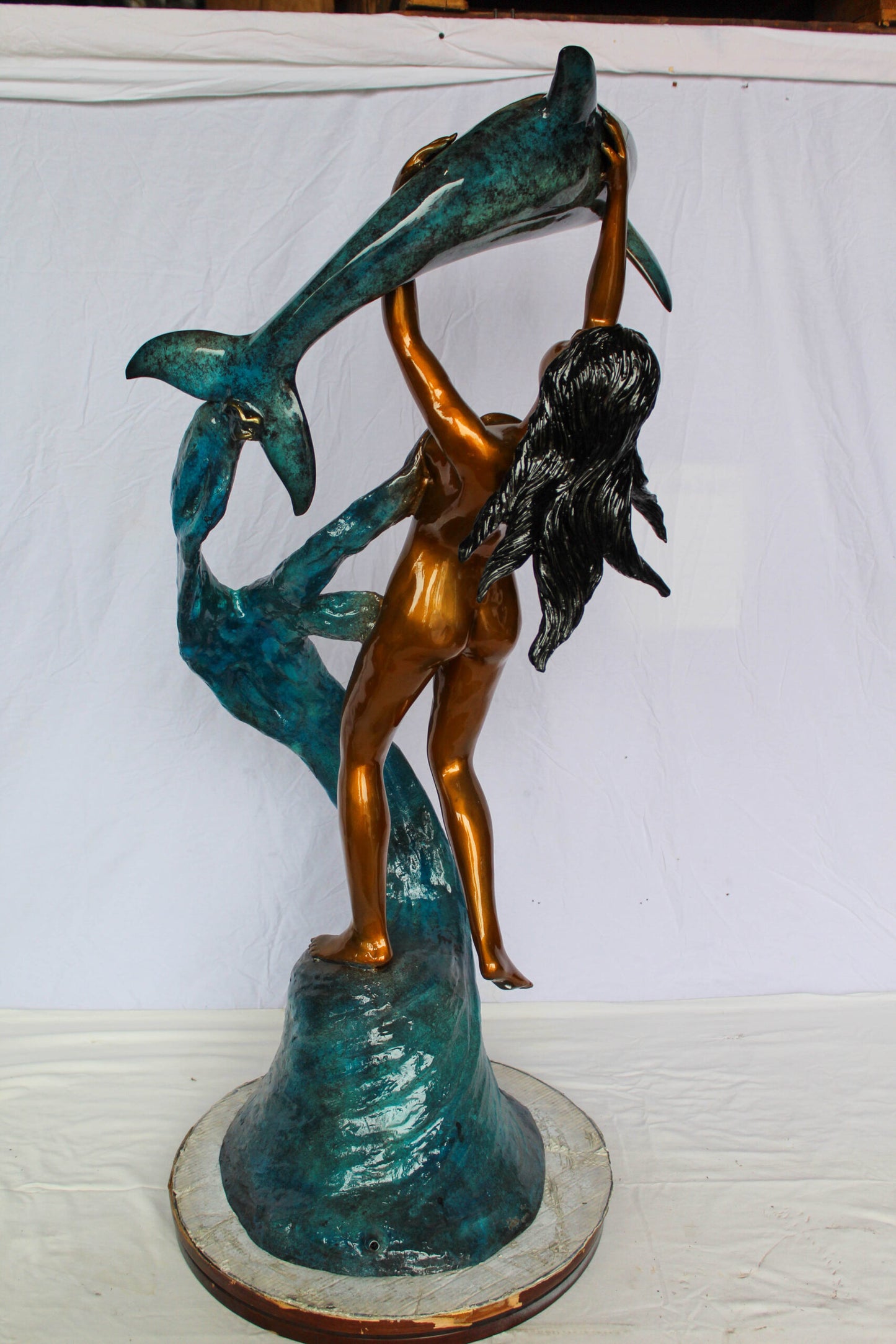 Nifao Bronze Mermaid Fountain Statue – Enchanting Mermaid Lifting Dolphin Sculpture with Flowing Water Feature – Handcrafted Lost Wax Casting with Multi-Tone Patina – Outdoor Garden 25" x 24" x 57"H