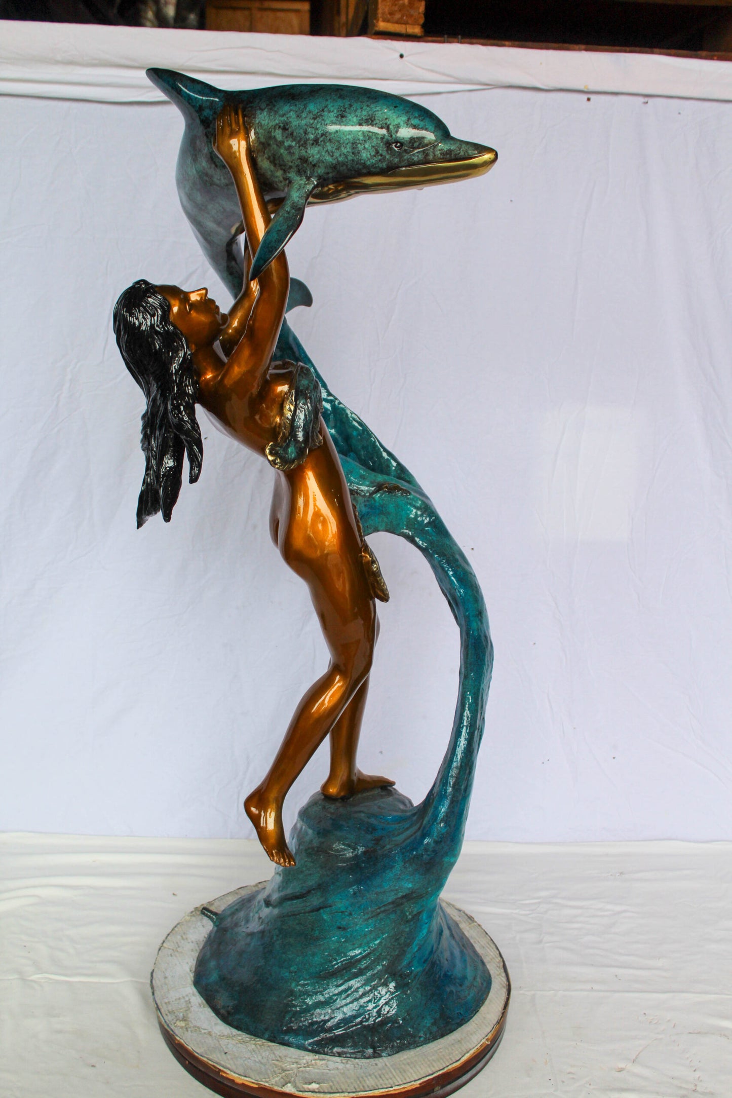 Nifao Bronze Mermaid Fountain Statue – Enchanting Mermaid Lifting Dolphin Sculpture with Flowing Water Feature – Handcrafted Lost Wax Casting with Multi-Tone Patina – Outdoor Garden 25" x 24" x 57"H