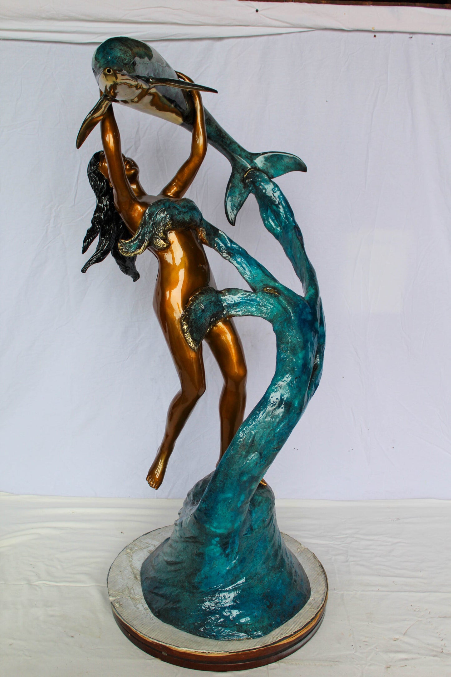 Nifao Bronze Mermaid Fountain Statue – Enchanting Mermaid Lifting Dolphin Sculpture with Flowing Water Feature – Handcrafted Lost Wax Casting with Multi-Tone Patina – Outdoor Garden 25" x 24" x 57"H