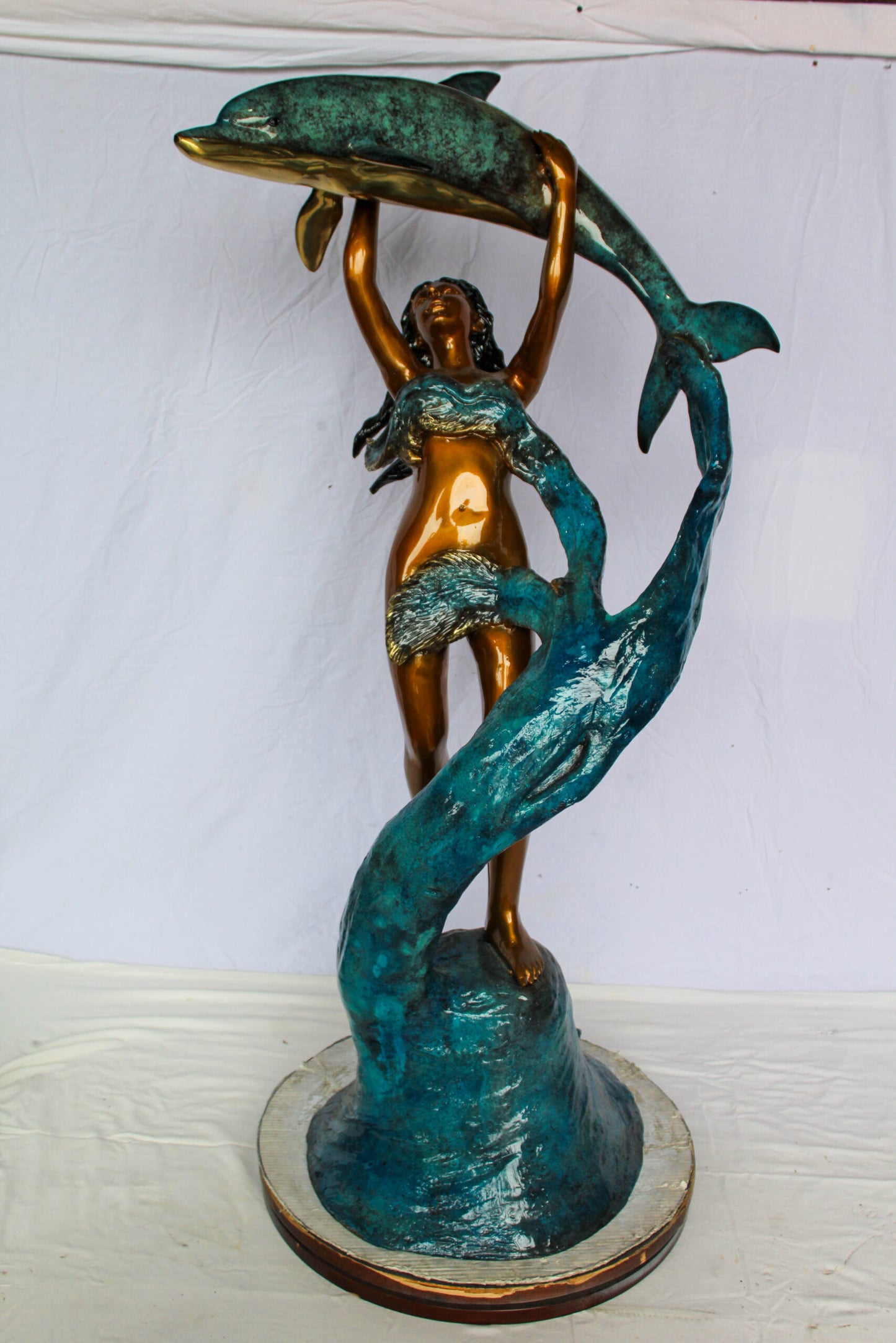 Nifao Bronze Mermaid Fountain Statue – Enchanting Mermaid Lifting Dolphin Sculpture with Flowing Water Feature – Handcrafted Lost Wax Casting with Multi-Tone Patina – Outdoor Garden 25" x 24" x 57"H