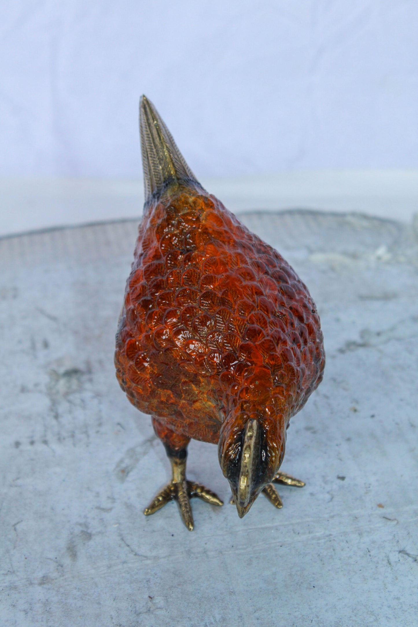 Bronze Small Figurine Chicken with Red Enamel and Gold Finish 8" x 4" x 7"H