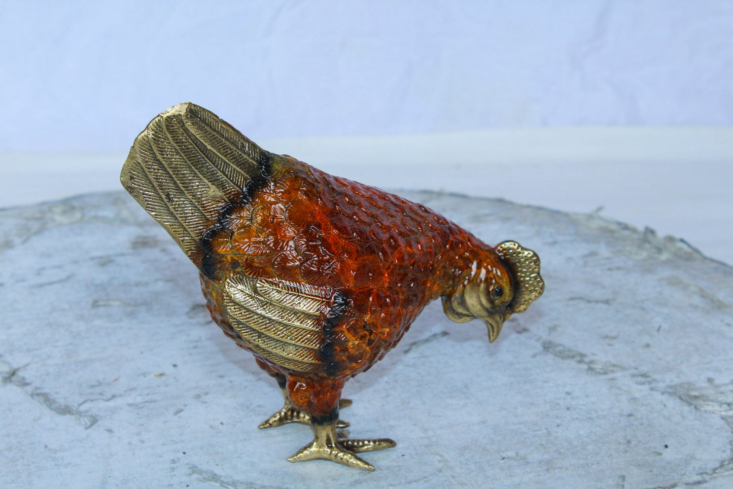Bronze Small Chicken Figurine with Red Enamel and Gold Finish 8" x 4" x 7"H