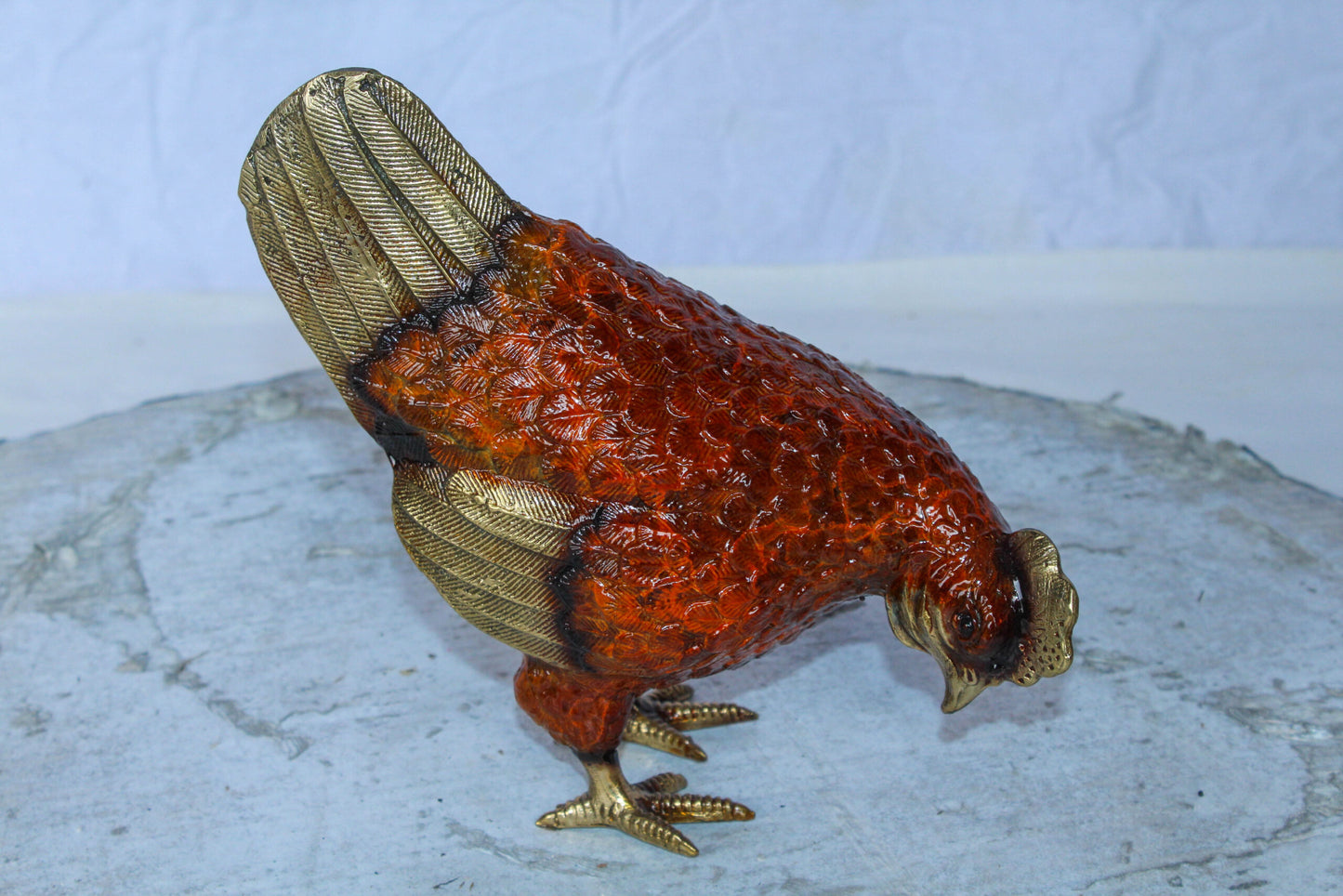 Bronze Small Chicken Figurine with Red Enamel and Gold Finish 8" x 4" x 7"H