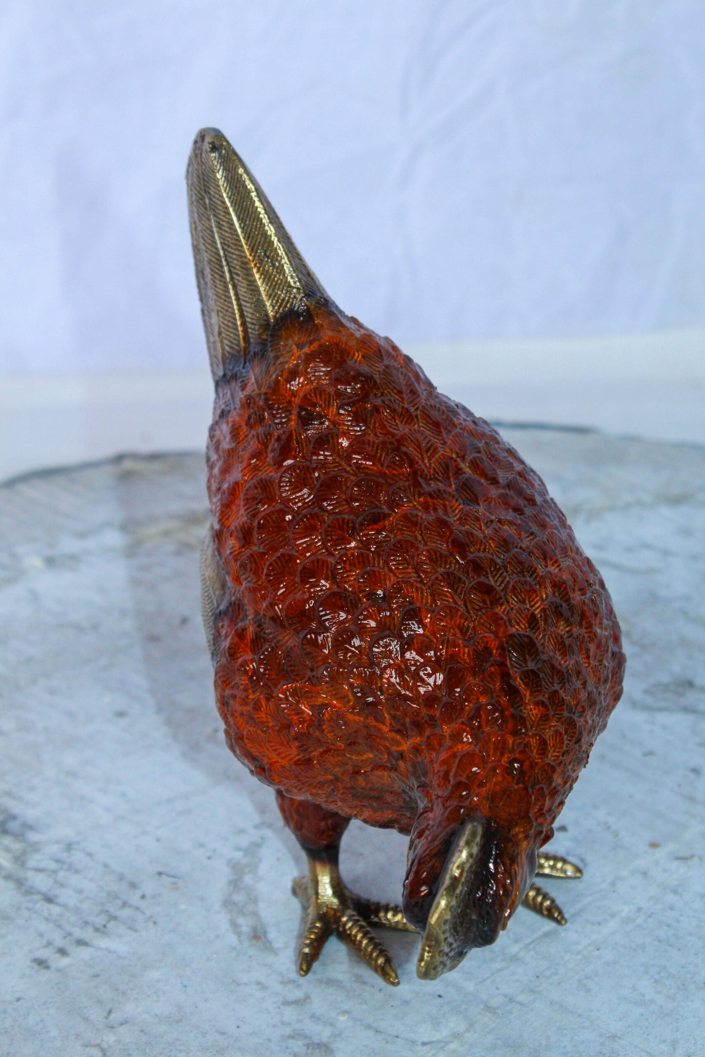 Bronze Small Chicken Figurine with Red Enamel and Gold Finish 8" x 4" x 7"H