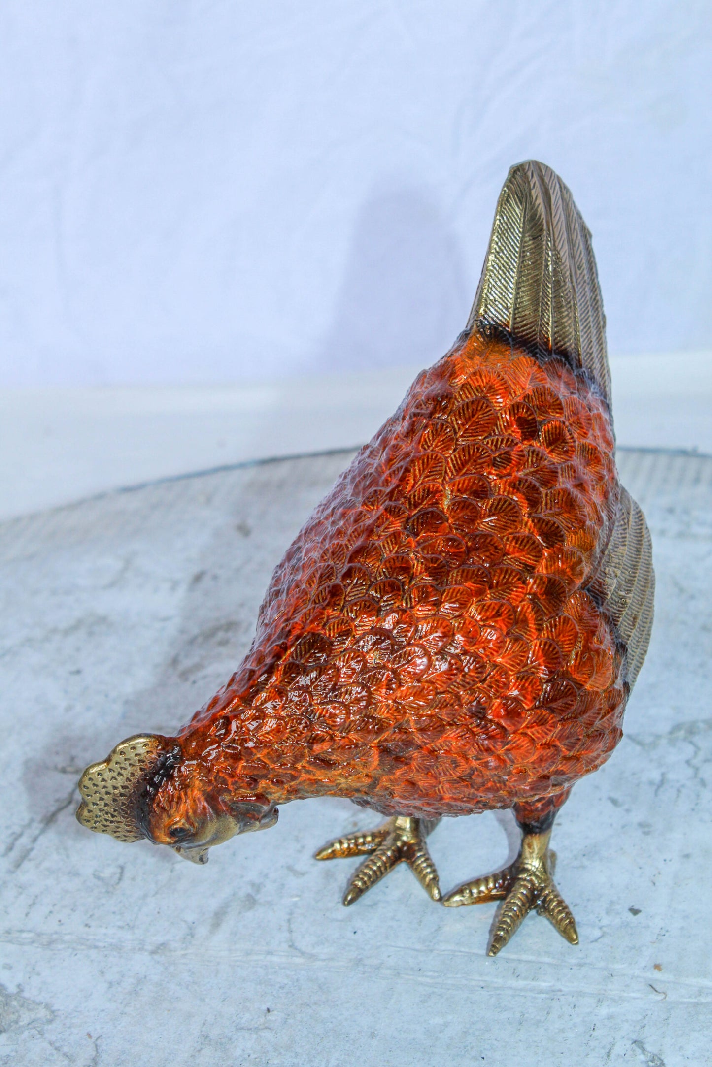 Bronze Small Chicken Figurine with Red Enamel and Gold Finish 8" x 4" x 7"H