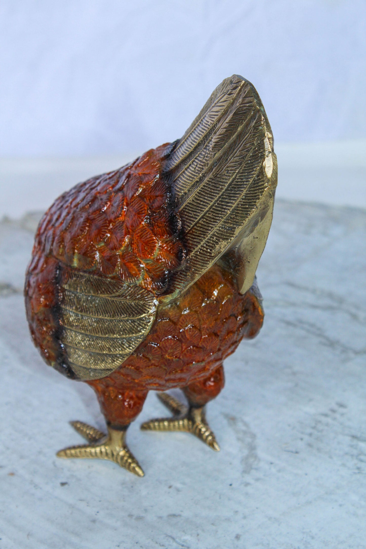 Bronze Small Chicken Figurine with Red Enamel and Gold Finish 8" x 4" x 7"H