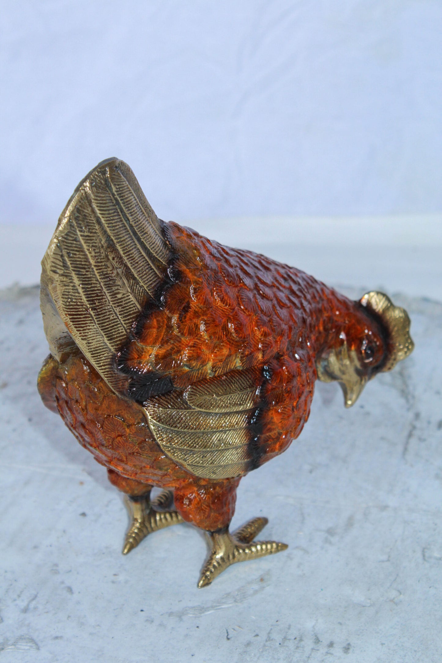 Bronze Small Chicken Figurine with Red Enamel and Gold Finish 8" x 4" x 7"H