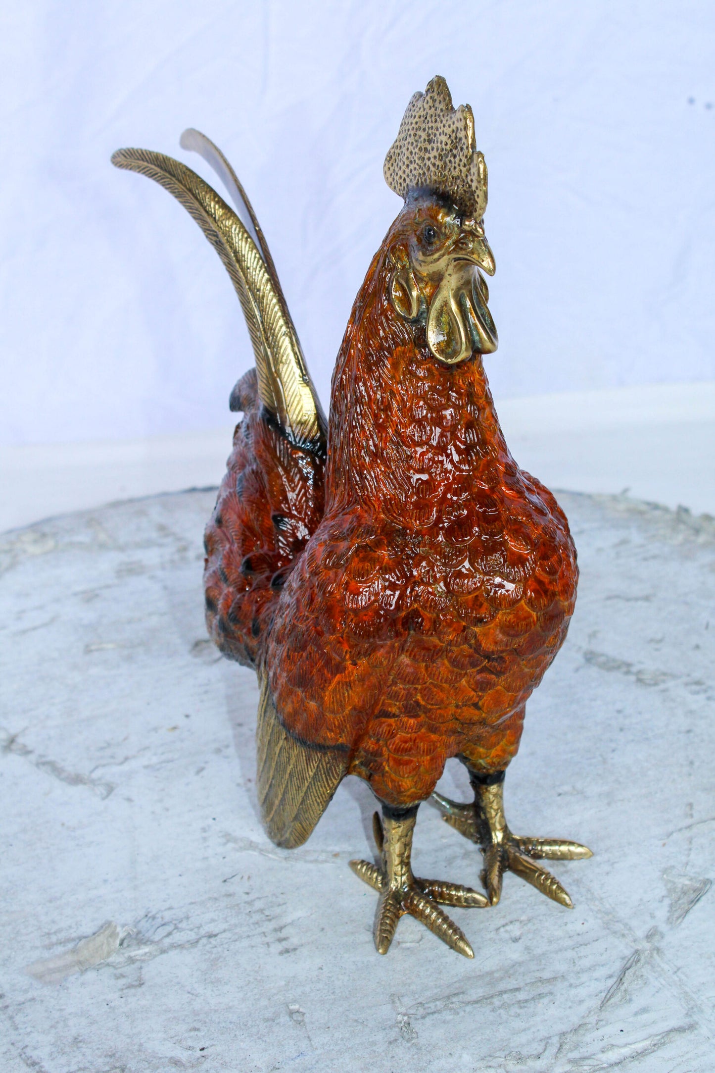 Decorative Bronze Rooster Statue with Red Enamel Finish 9" x 5" x 12"H