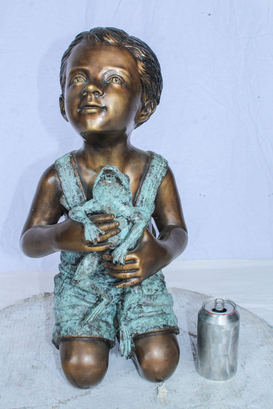 Boy Holding Frog Bronze Fountain Statue Green Patina 12" x 11" x 21"H