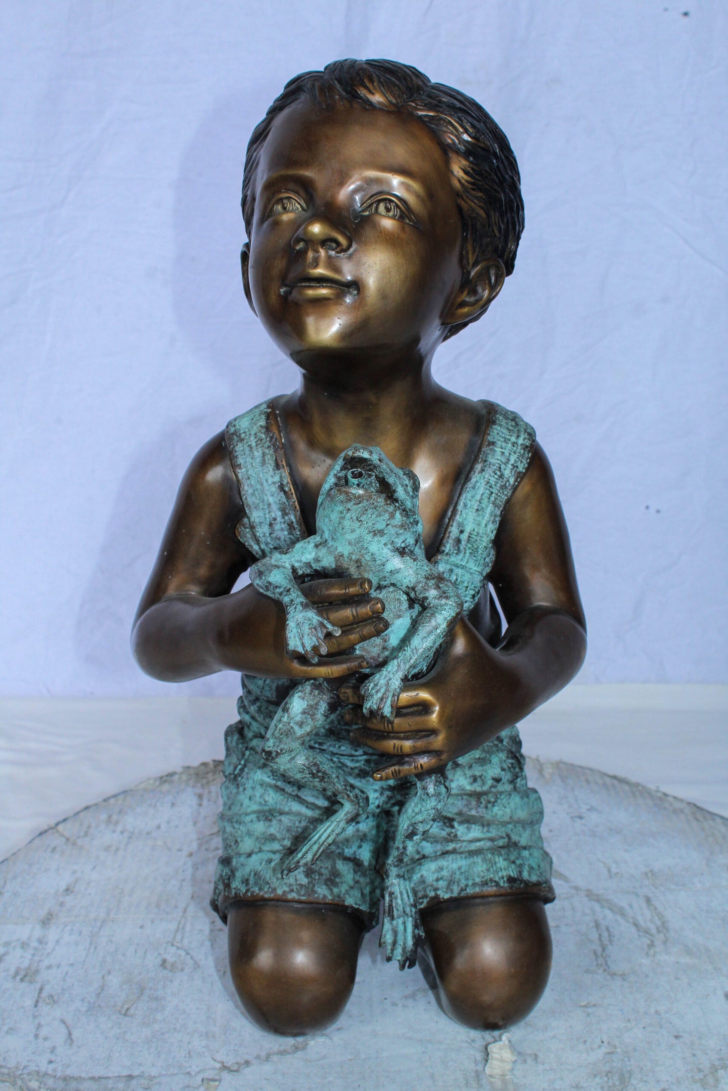 Boy Holding Frog Bronze Fountain Statue Green Patina 12" x 11" x 21"H