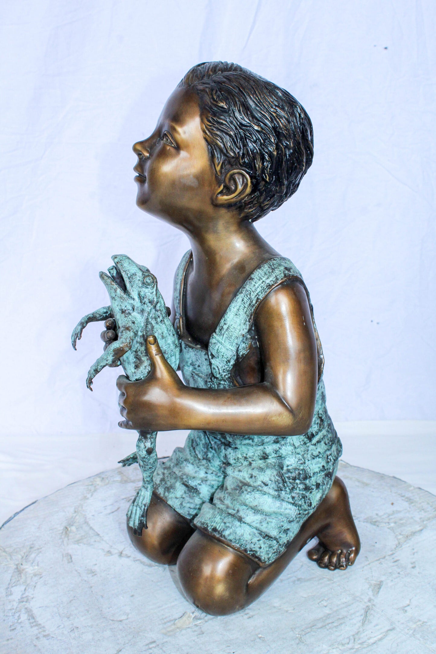 Boy Holding Frog Bronze Fountain Statue Green Patina 12" x 11" x 21"H